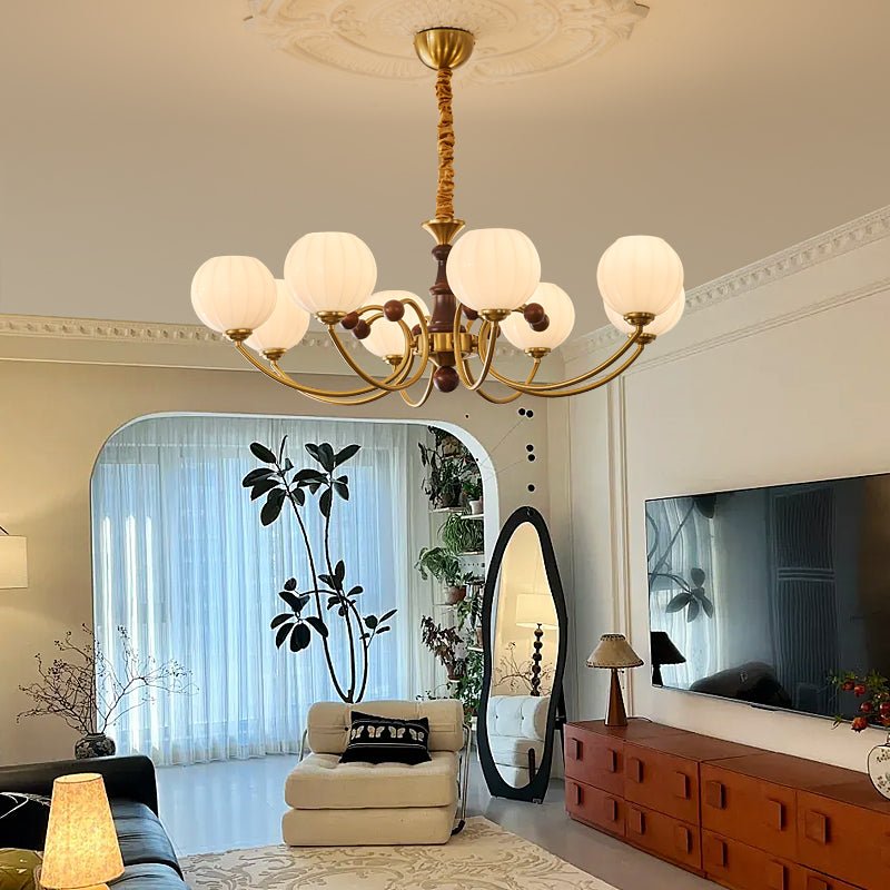 Livia Six-Light Modern Globe Chandelier in Walnut and Gold
