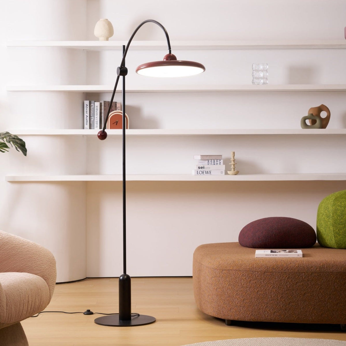 Lola Floor Lamp – Sculptural Modern LED Floor Lamp with Asymmetrical Red Shade