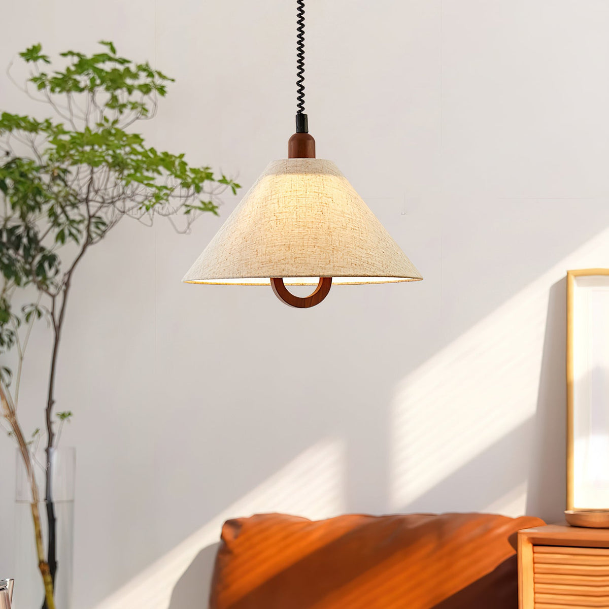 Loopeds Conical Fabric Pendant Light with Walnut Accents