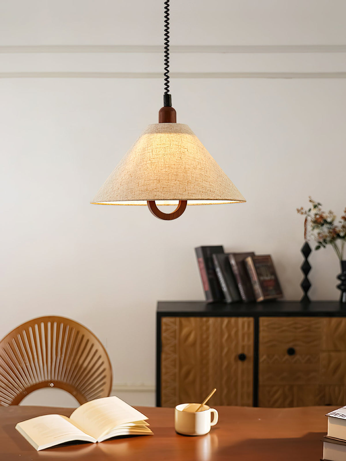 Loopeds Conical Fabric Pendant Light with Walnut Accents