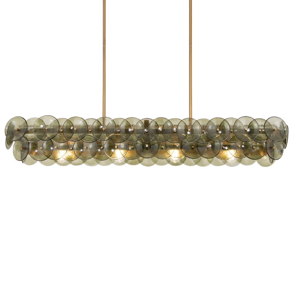 Linear Glass Disc Chandelier in Gold Frame, Modern Dining Room Lighting