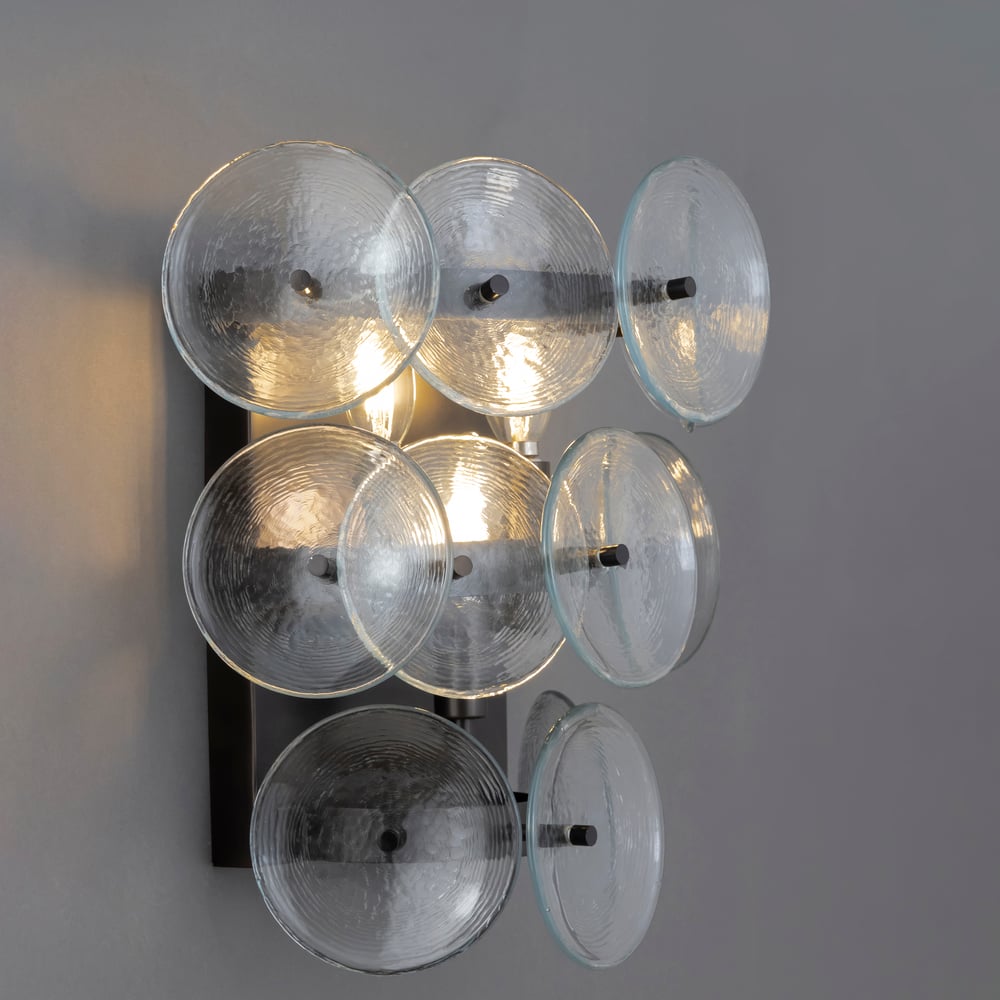 Loren Wall Sconce with Handcrafted Glass Discs in Brass or Gunmetal
