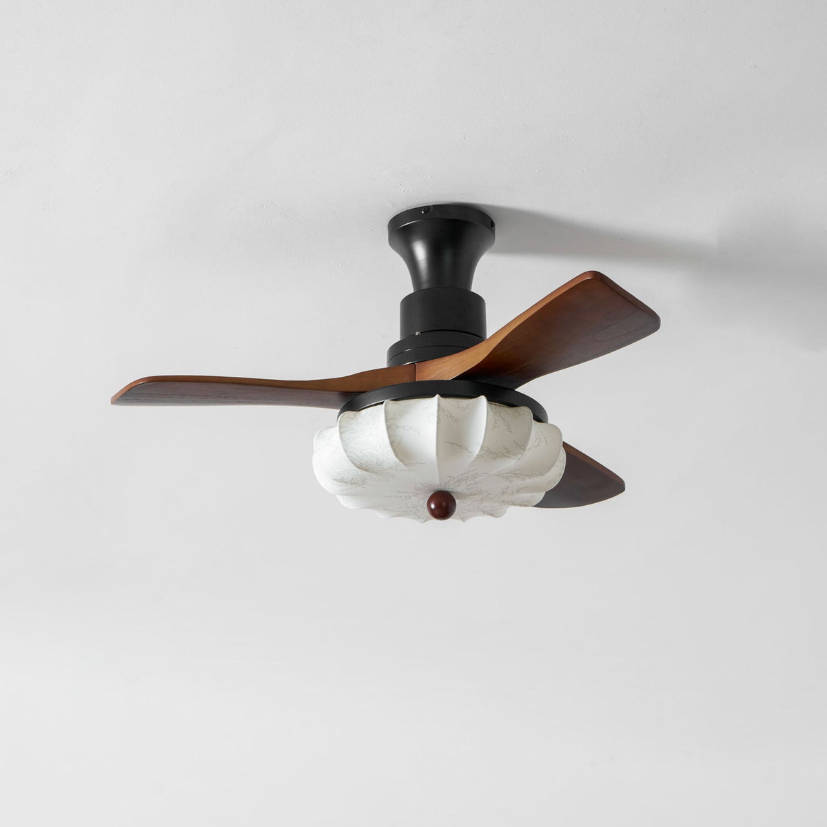 Lotus Bloom Ceiling Fan Light with Fabric Shade and Walnut Blades