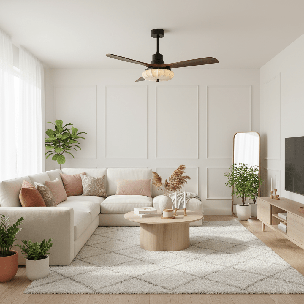 Lotus Bloom Ceiling Fan Light with Fabric Shade and Walnut Blades