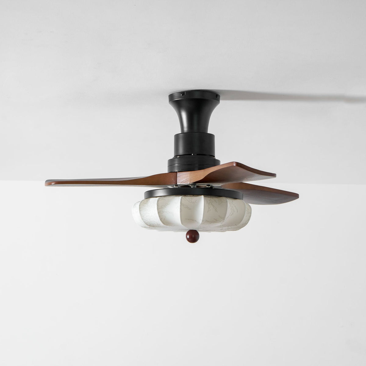 Lotus Bloom Ceiling Fan Light with Fabric Shade and Walnut Blades