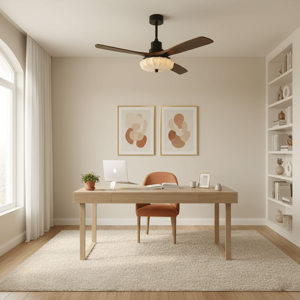 Lotus Bloom Ceiling Fan Light with Fabric Shade and Walnut Blades