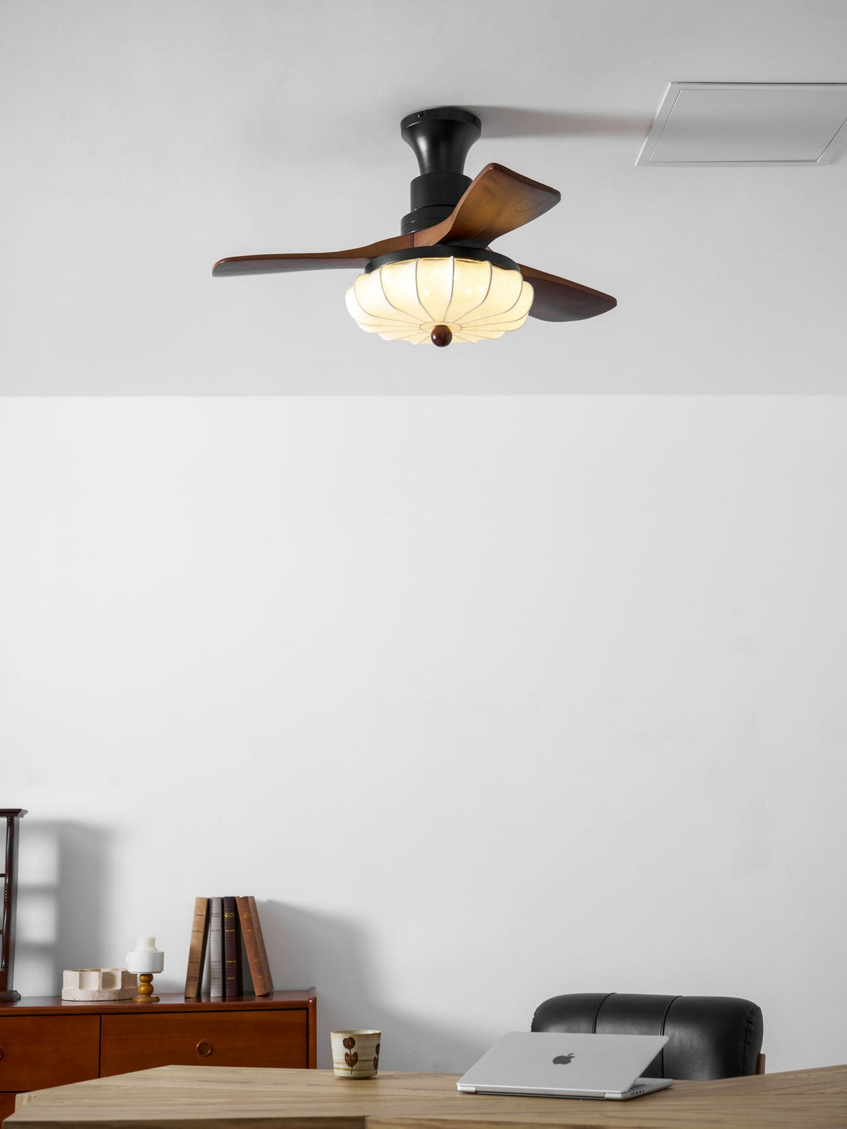 Lotus Bloom Ceiling Fan Light with Fabric Shade and Walnut Blades