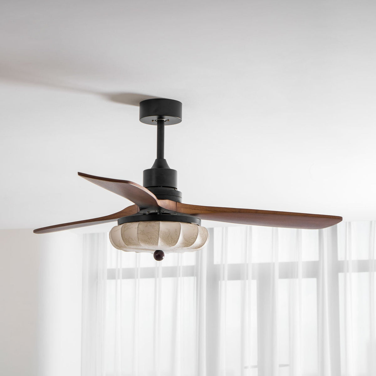 Lotus Bloom Ceiling Fan Light with Fabric Shade and Walnut Blades