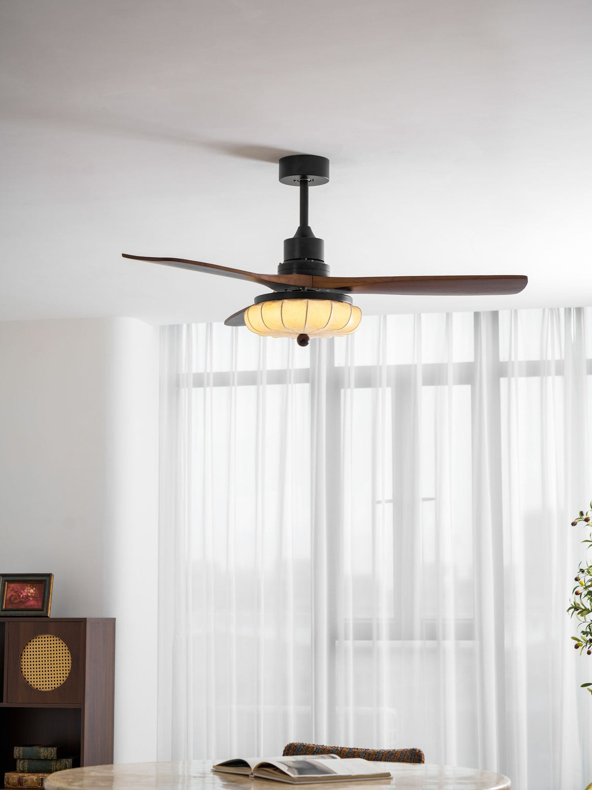 Lotus Bloom Ceiling Fan Light with Fabric Shade and Walnut Blades