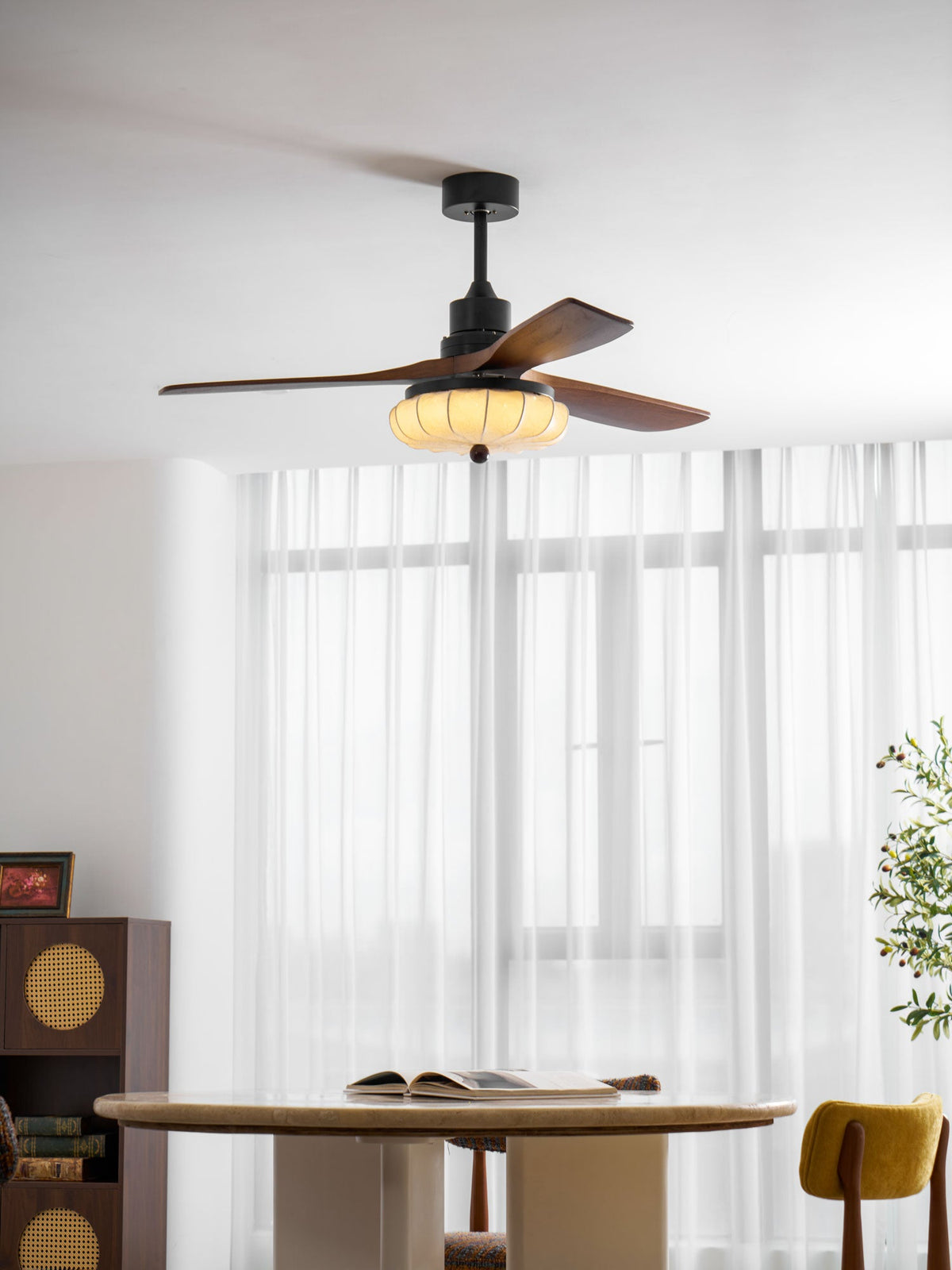 Lotus Bloom Ceiling Fan Light with Fabric Shade and Walnut Blades