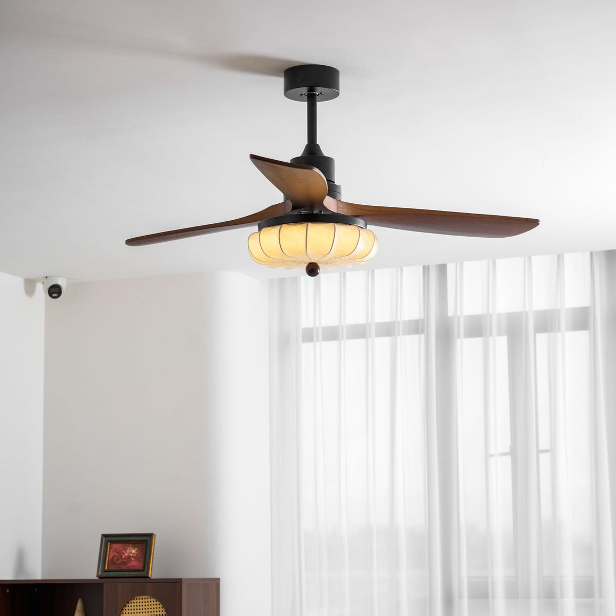 Lotus Bloom Ceiling Fan Light with Fabric Shade and Walnut Blades