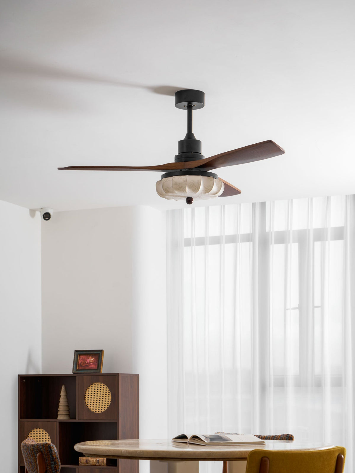 Lotus Bloom Ceiling Fan Light with Fabric Shade and Walnut Blades