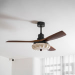 Lotus Bloom Ceiling Fan Light with Fabric Shade and Walnut Blades