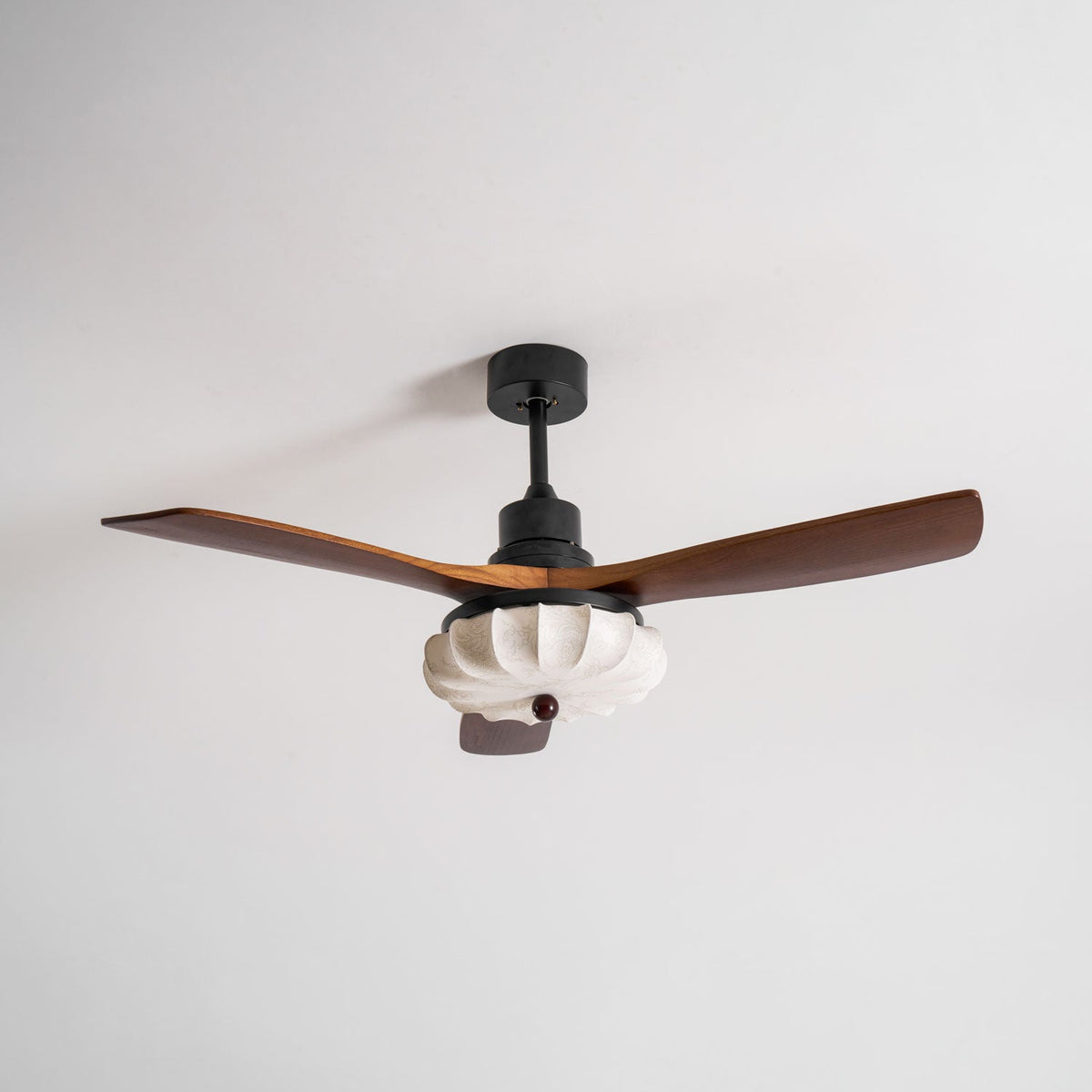 Lotus Bloom Ceiling Fan Light with Fabric Shade and Walnut Blades