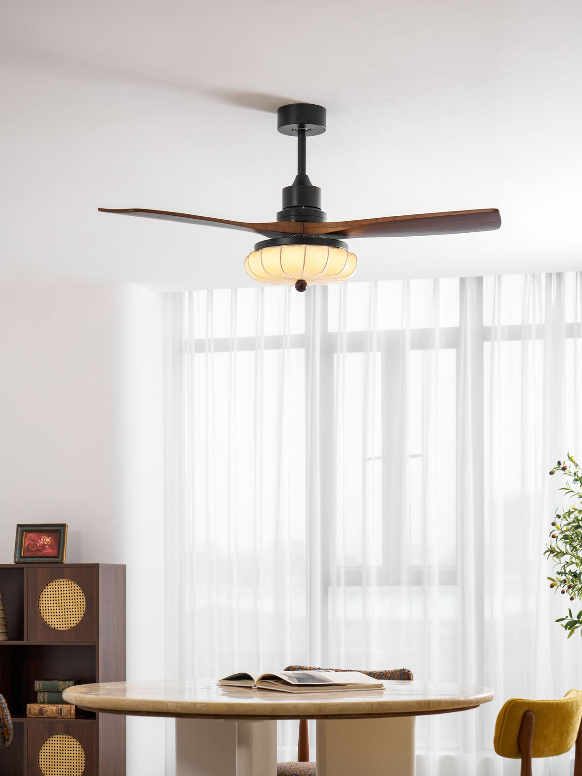 Lotus Bloom Ceiling Fan Light with Fabric Shade and Walnut Blades