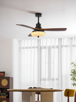 Lotus Bloom Ceiling Fan Light with Fabric Shade and Walnut Blades