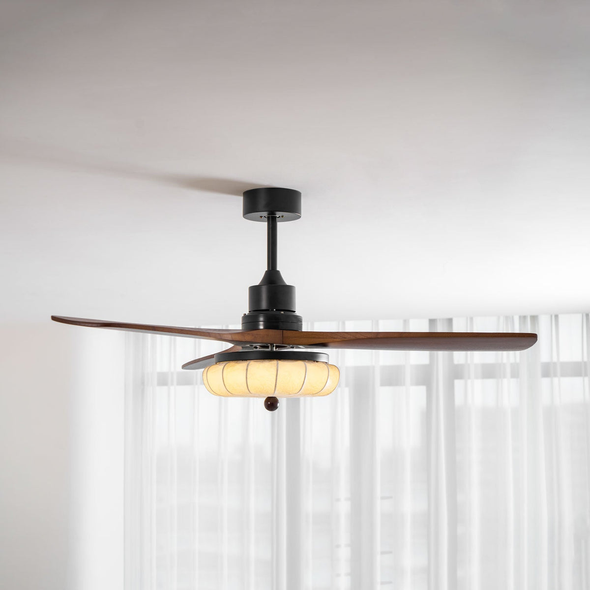 Lotus Bloom Ceiling Fan Light with Fabric Shade and Walnut Blades