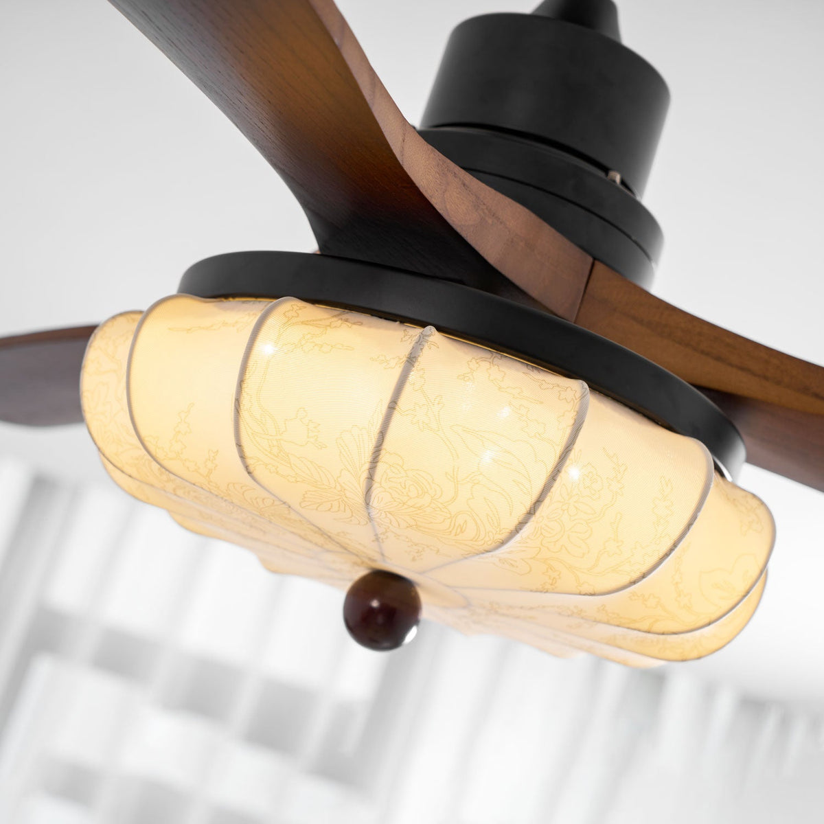 Lotus Bloom Ceiling Fan Light with Fabric Shade and Walnut Blades