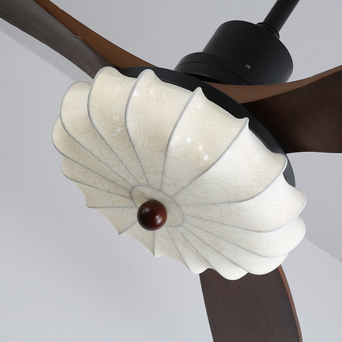 Lotus Bloom Ceiling Fan Light with Fabric Shade and Walnut Blades
