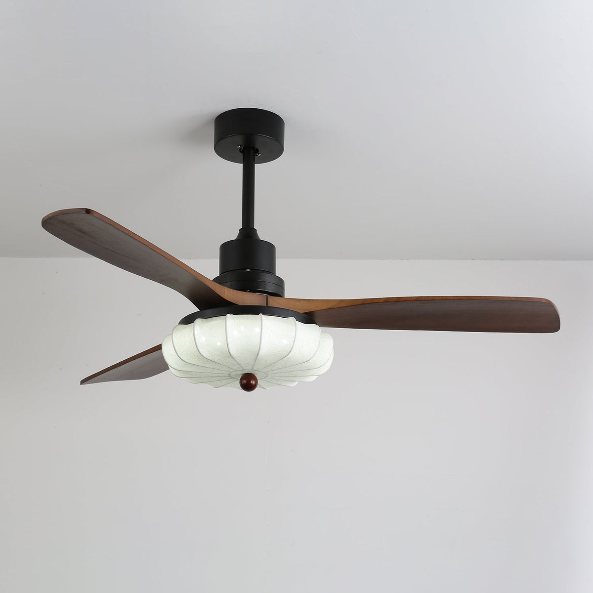 Lotus Bloom Ceiling Fan Light with Fabric Shade and Walnut Blades