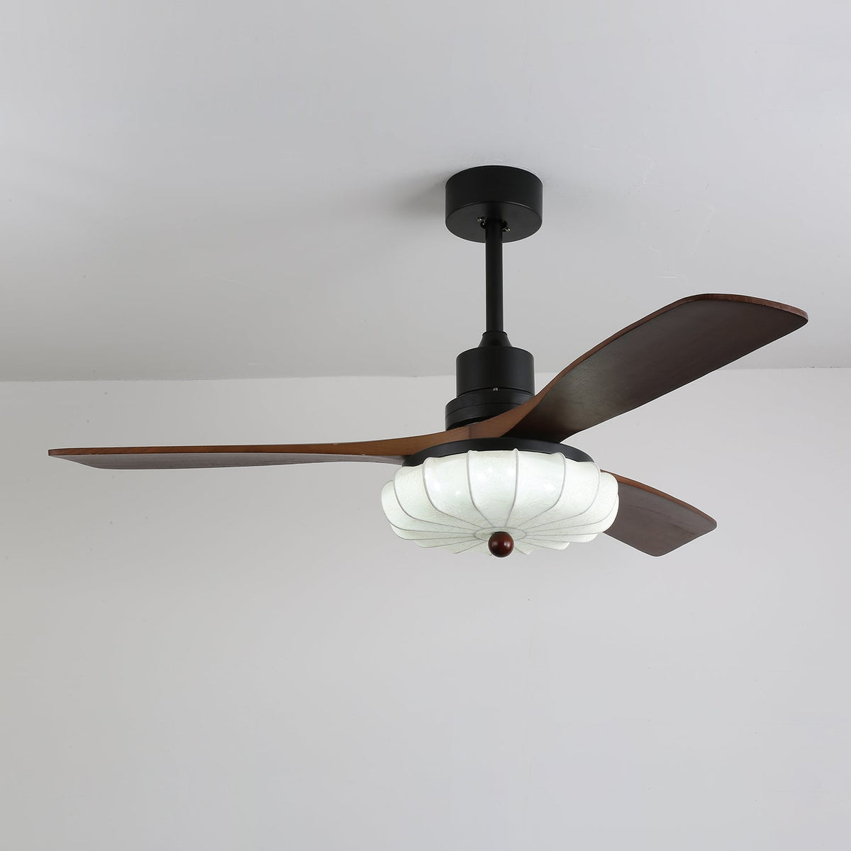 Lotus Bloom Ceiling Fan Light with Fabric Shade and Walnut Blades