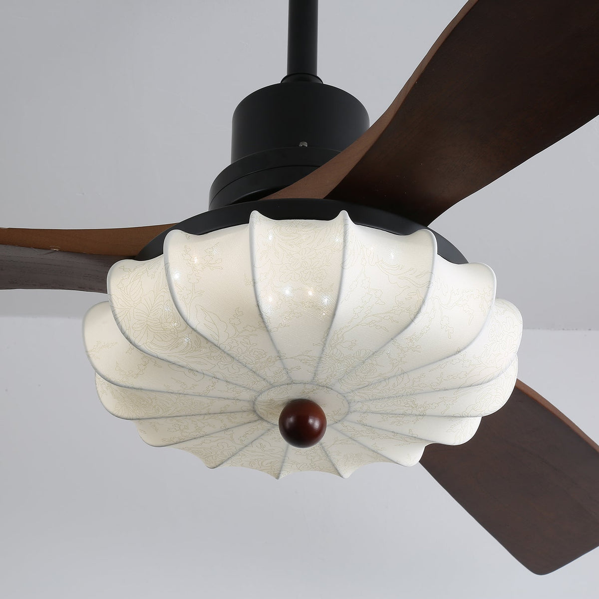 Lotus Bloom Ceiling Fan Light with Fabric Shade and Walnut Blades