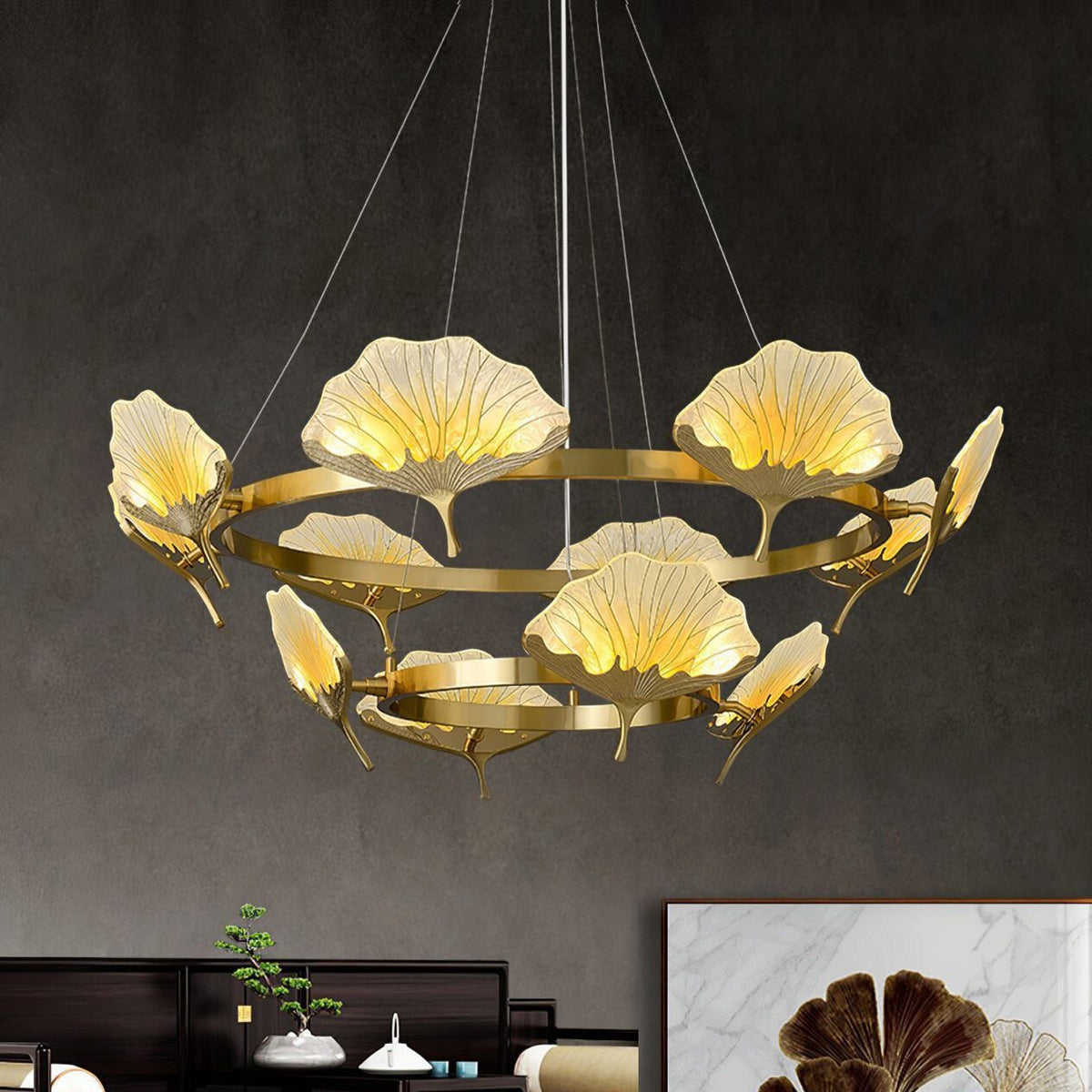 Lotus Leaf Enamel Stained Glass Chandelier