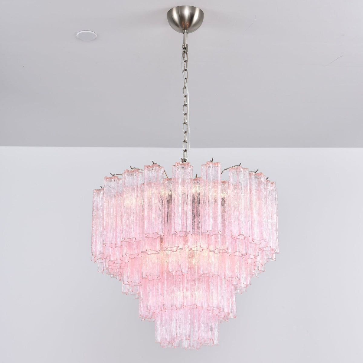 Lucente Rosa Chandelier – Handcrafted Pink Glass Multi-Tier Pendant Light