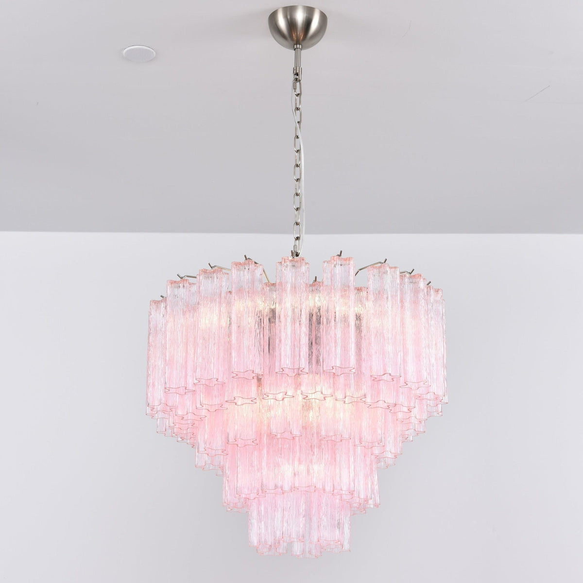Lucente Rosa Chandelier – Handcrafted Pink Glass Multi-Tier Pendant Light
