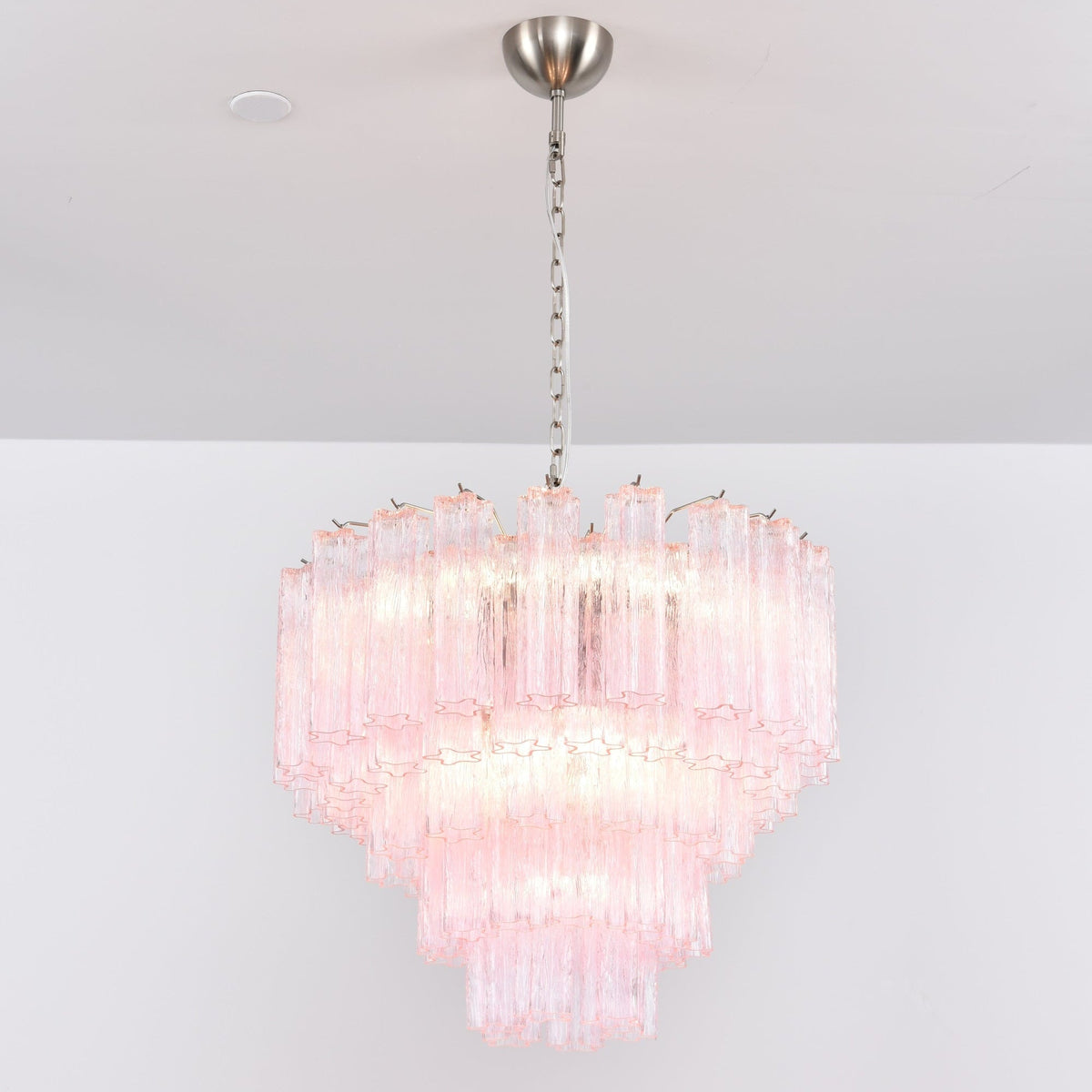 Lucente Rosa Chandelier – Handcrafted Pink Glass Multi-Tier Pendant Light