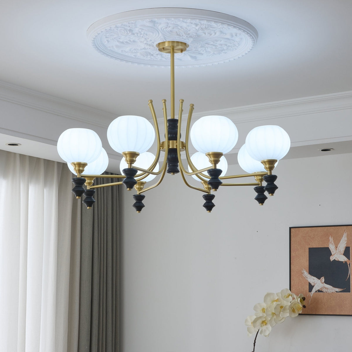Lucerna Royale Chandelier – Brass & Walnut Wood Modern Chandelier for Dining Room and Foyer