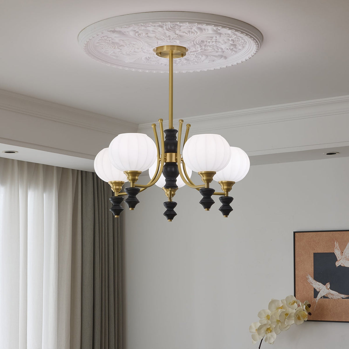 Lucerna Royale Chandelier – Brass & Walnut Wood Modern Chandelier for Dining Room and Foyer
