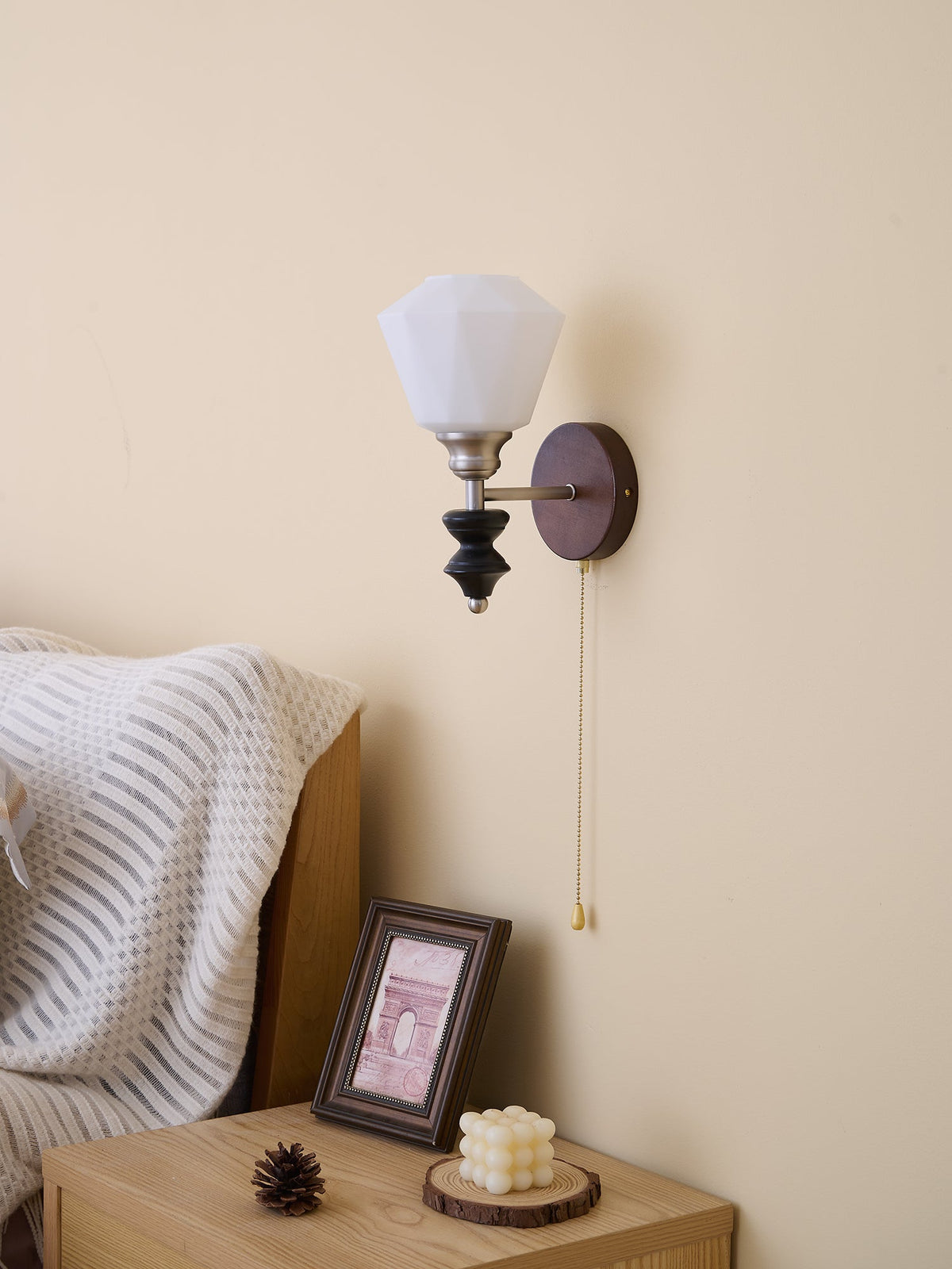 Lucille Hexagonal Glass Wall Sconce with Wood and Metal Accents