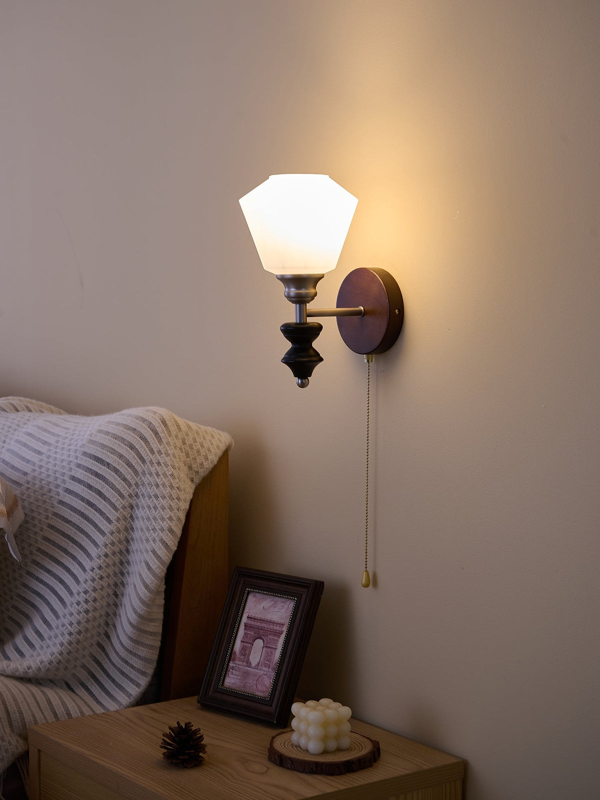 Lucille Hexagonal Glass Wall Sconce with Wood and Metal Accents