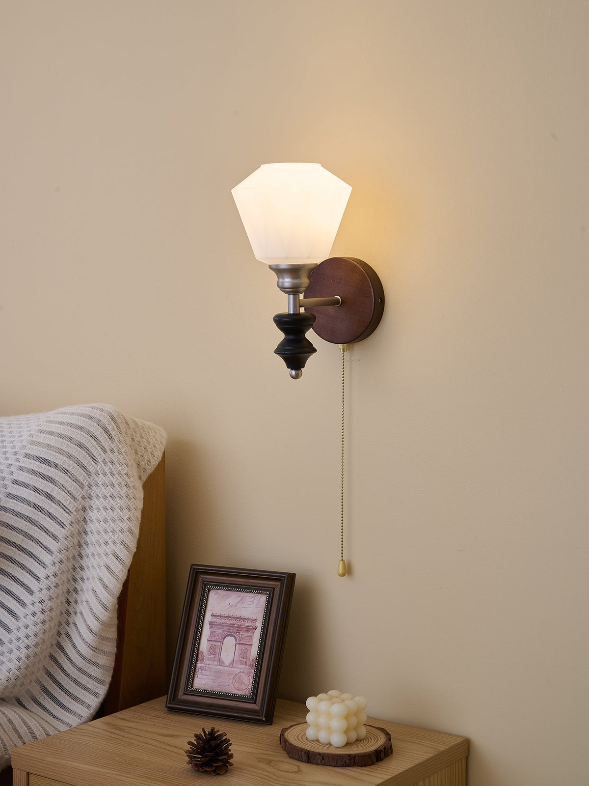 Lucille Hexagonal Glass Wall Sconce with Wood and Metal Accents