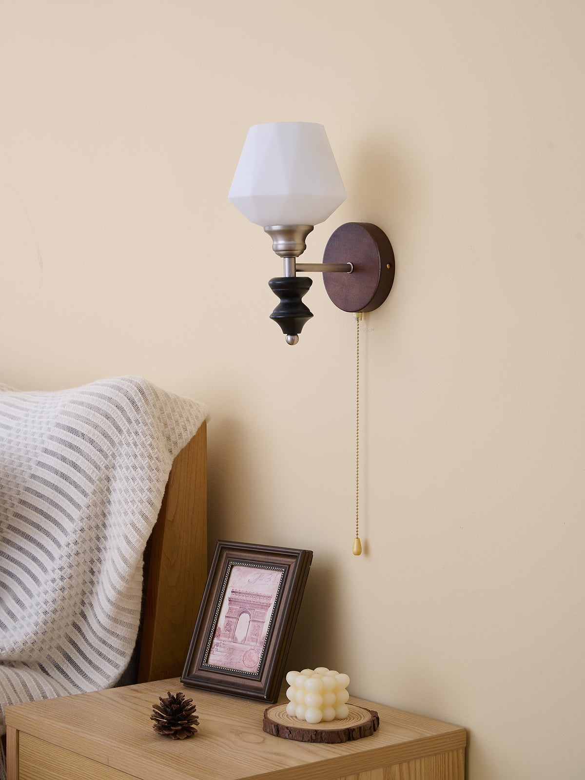Lucille Hexagonal Glass Wall Sconce with Wood and Metal Accents