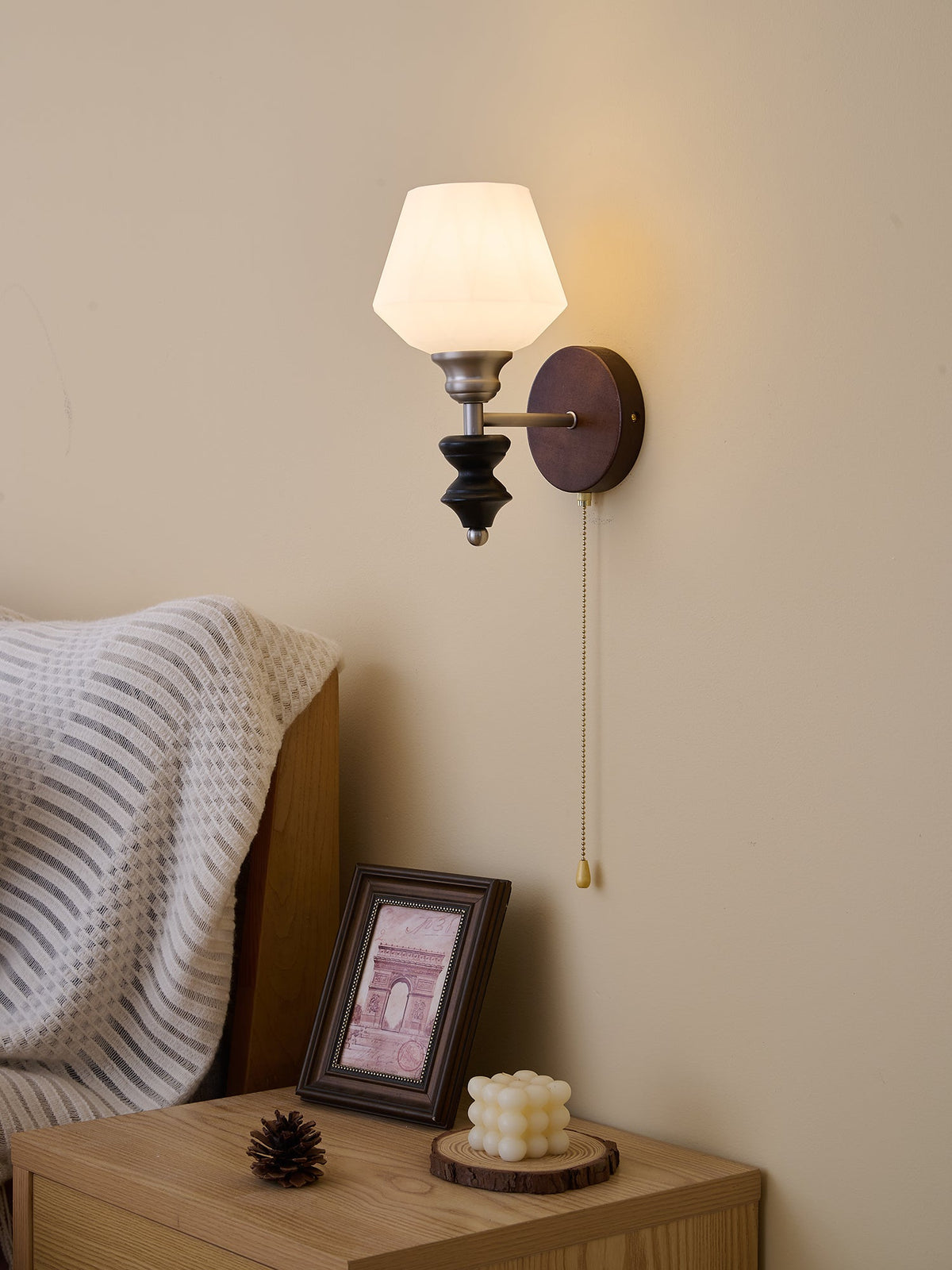 Lucille Hexagonal Glass Wall Sconce with Wood and Metal Accents
