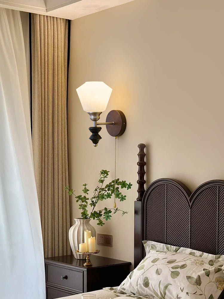 Lucille Hexagonal Glass Wall Sconce with Wood and Metal Accents