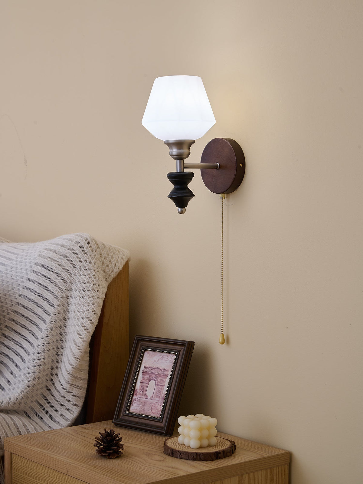 Lucille Hexagonal Glass Wall Sconce with Wood and Metal Accents