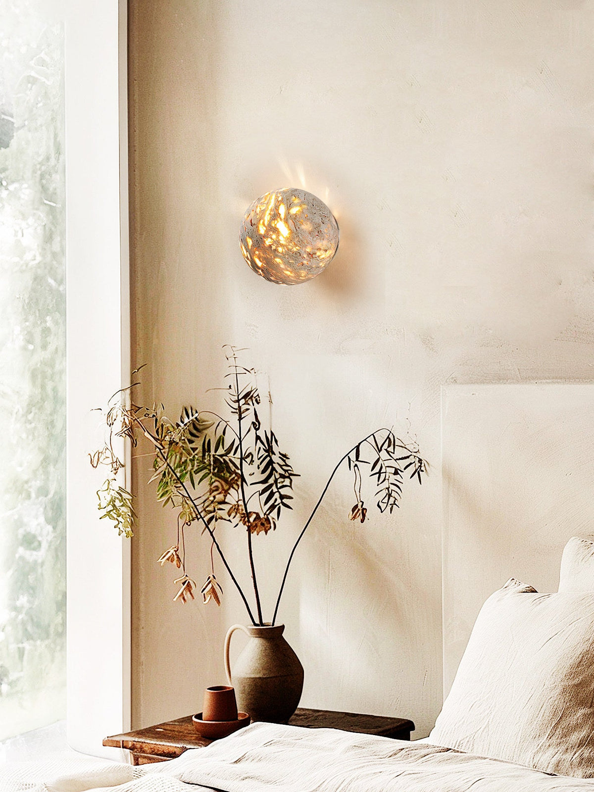 Luma Vein Stone Sphere Wall Sconce in Yellow Travertine