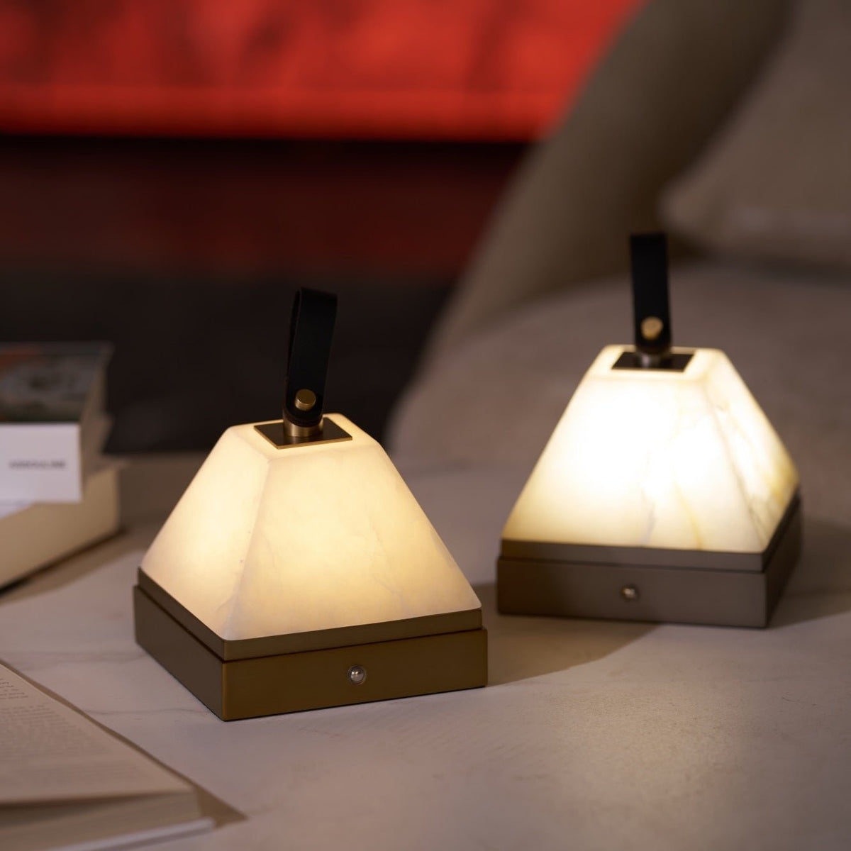 Luma Cube Alabaster Portable Table Lamp with Leather Handle