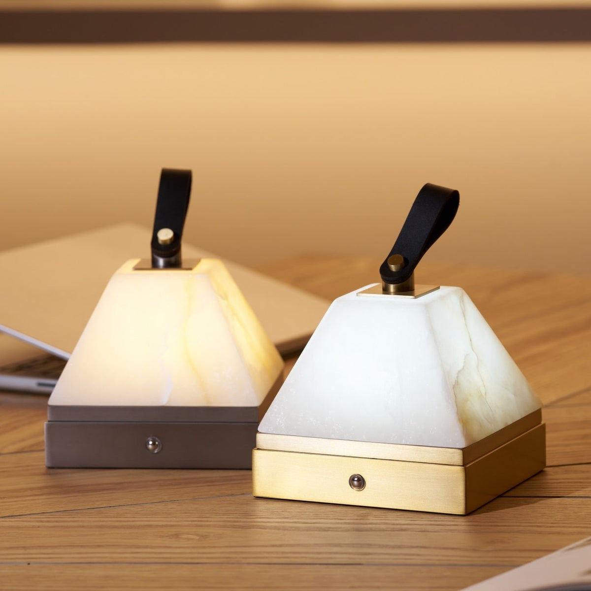 Luma Cube Alabaster Portable Table Lamp with Leather Handle
