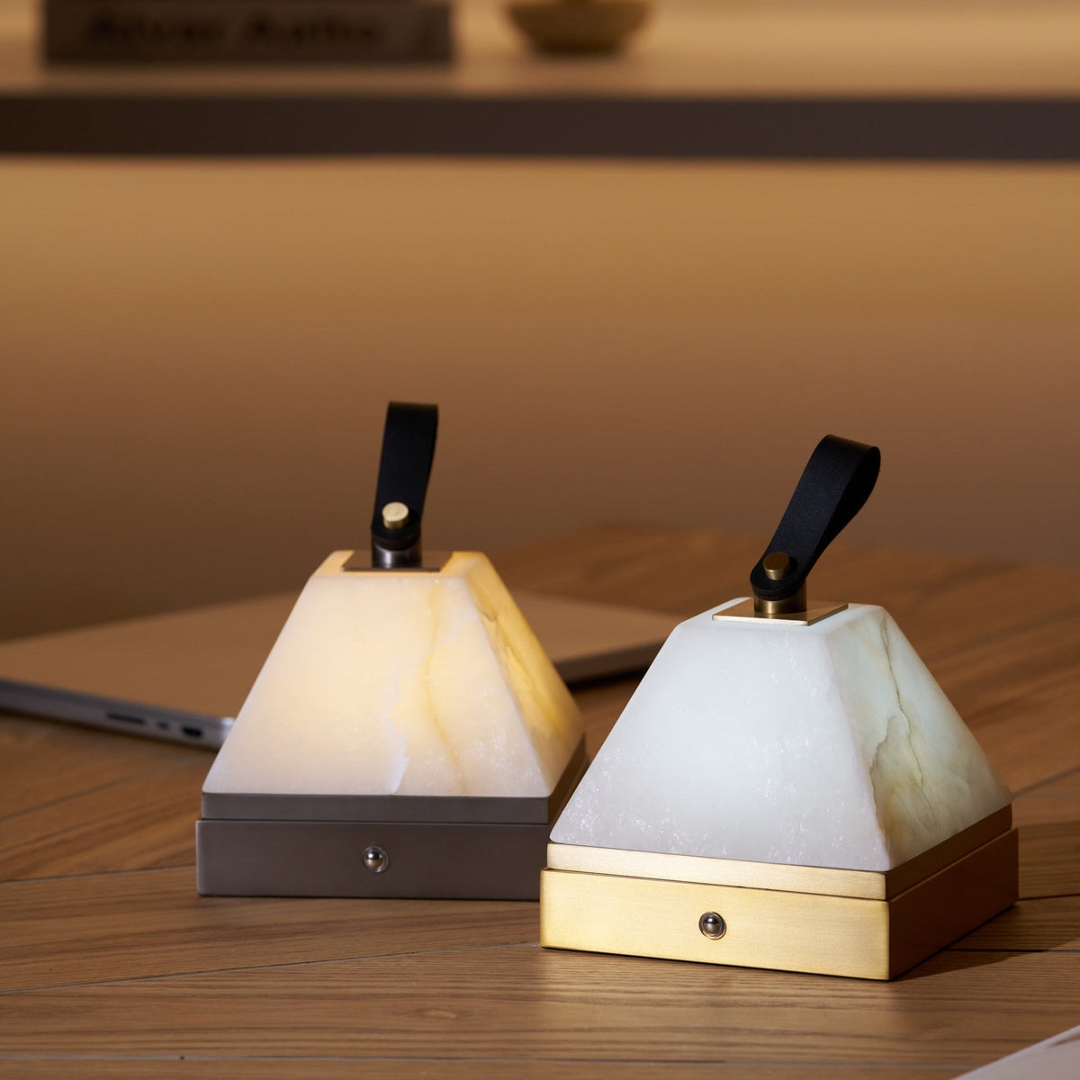 Luma Cube Alabaster Portable Table Lamp with Leather Handle
