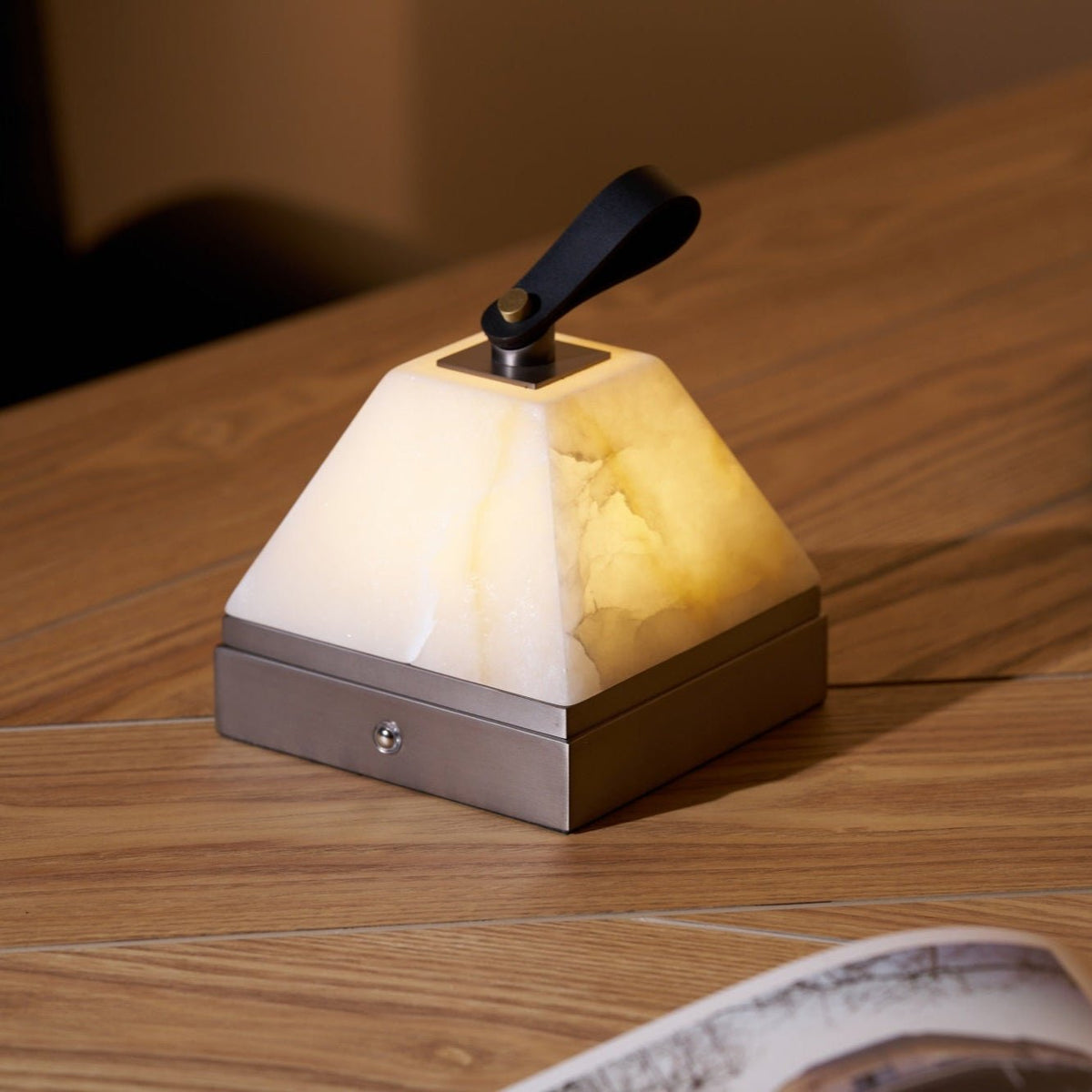 Luma Cube Alabaster Portable Table Lamp with Leather Handle