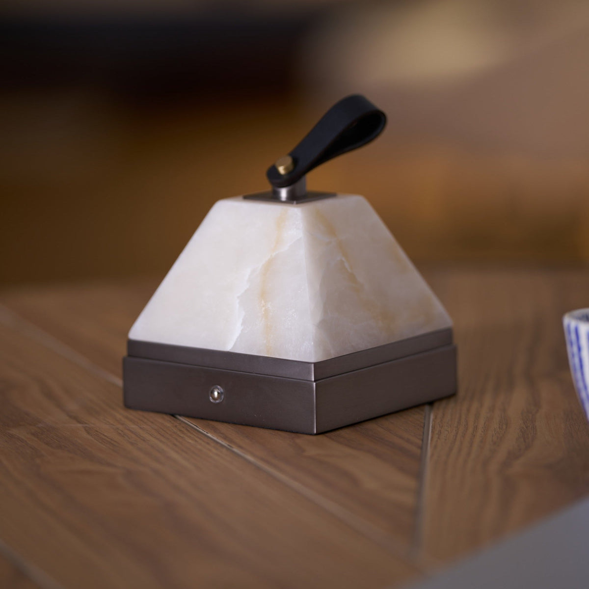 Luma Cube Alabaster Portable Table Lamp with Leather Handle