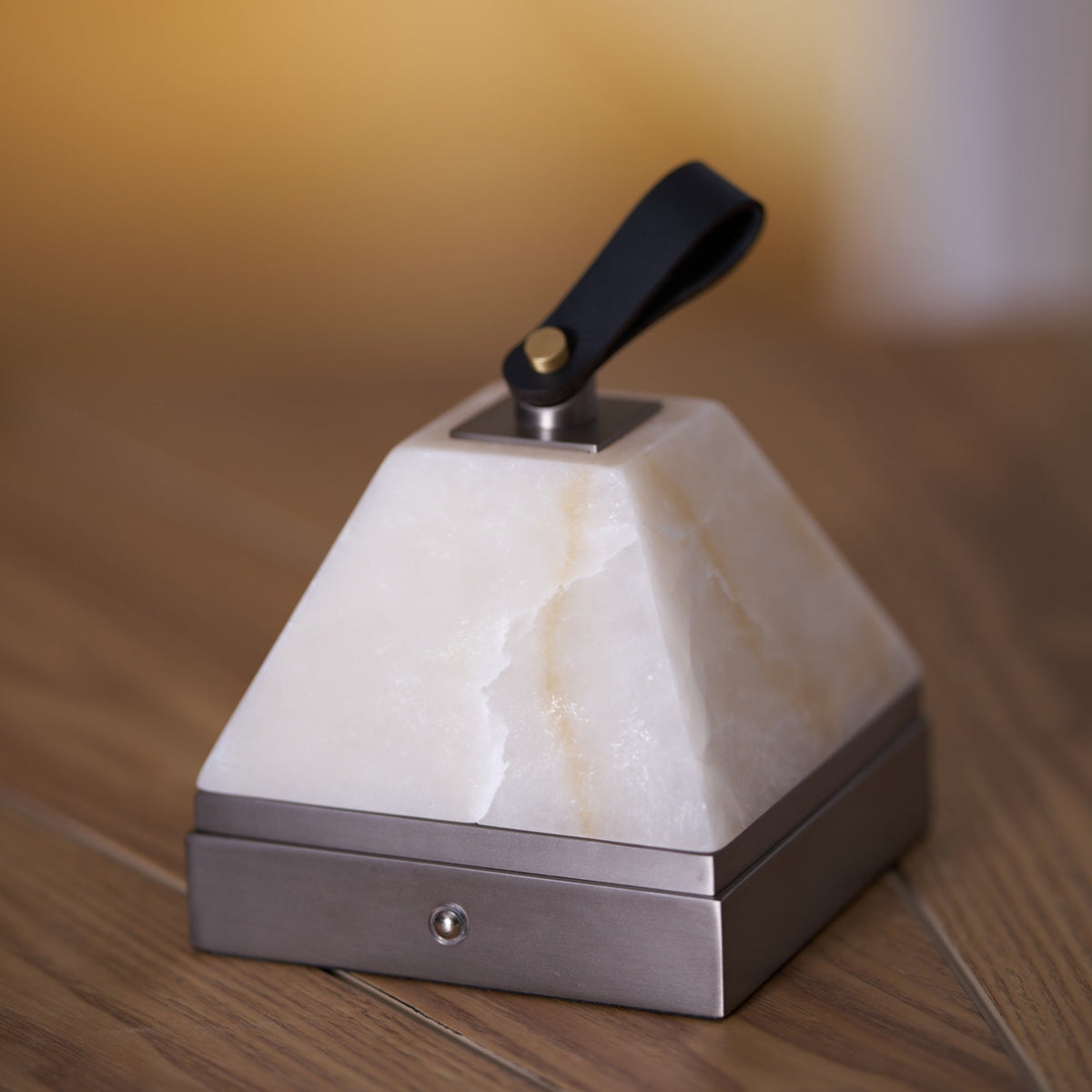 Luma Cube Alabaster Portable Table Lamp with Leather Handle