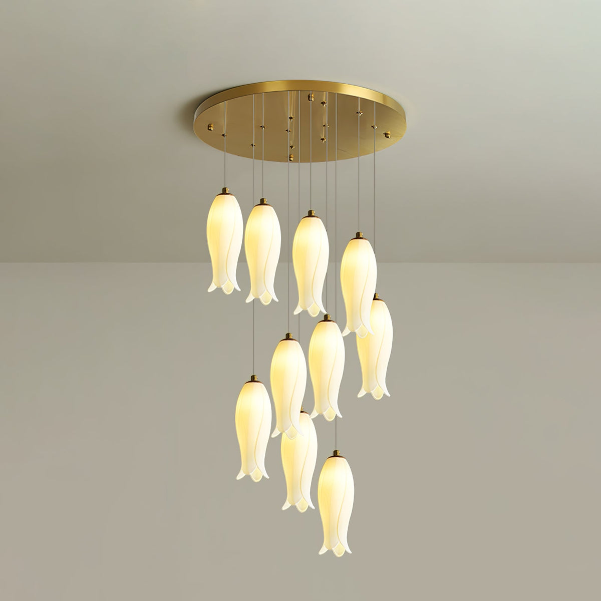 Luma Flora Stairs Chandelier – Cascading Ceramic Petal Light for Grand Interiors