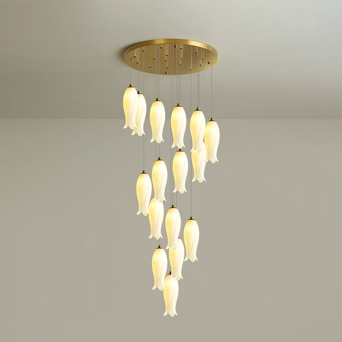 Luma Flora Stairs Chandelier – Cascading Ceramic Petal Light for Grand Interiors
