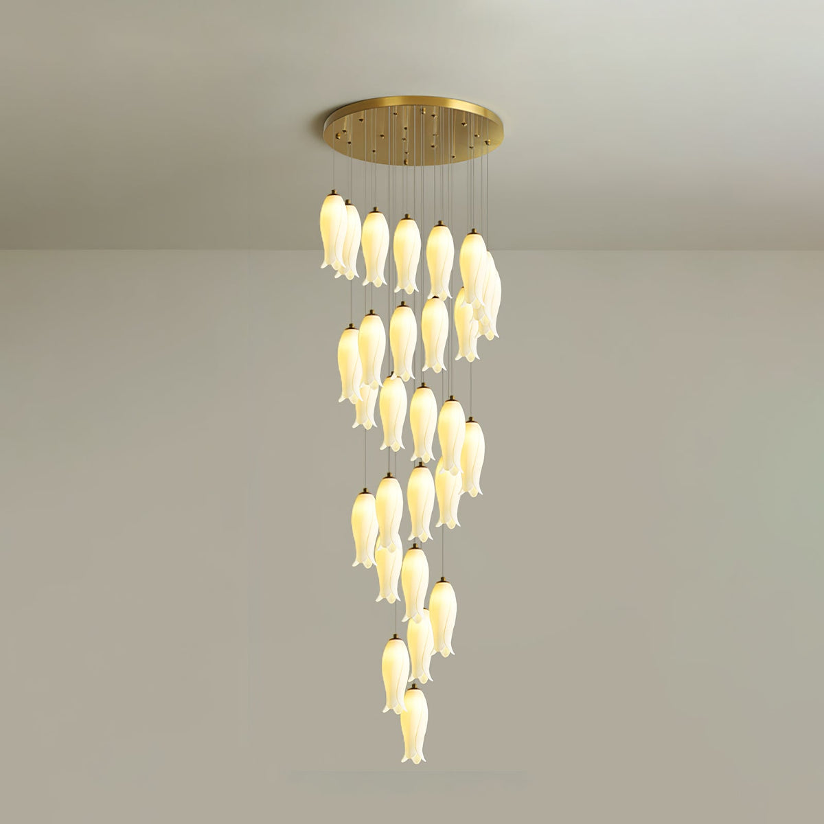 Luma Flora Stairs Chandelier – Cascading Ceramic Petal Light for Grand Interiors