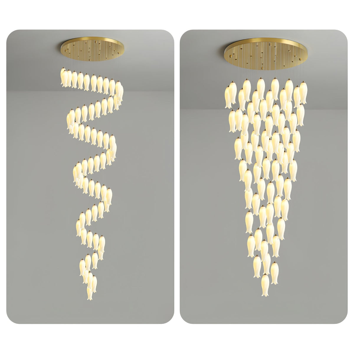 Luma Flora Stairs Chandelier – Cascading Ceramic Petal Light for Grand Interiors